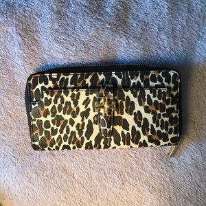 Tory Burch Ocelot Leopard Print Leather Zip Around Gold Logo Wallet